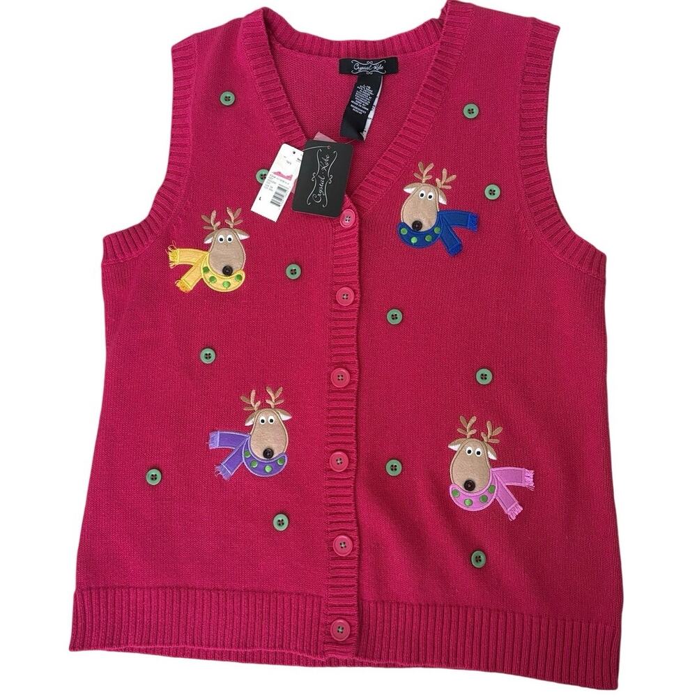 Vintage Crystal Kobe Christmas Reindeer Sweater Vest L Patch Novelty Grandma NWT - Picture 2 of 8